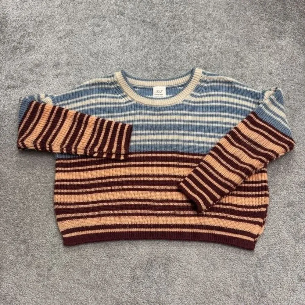 5a7 Cinq A Sept Colorblock Crop Pullover Sweater Womens XXS Blue Brown Striped